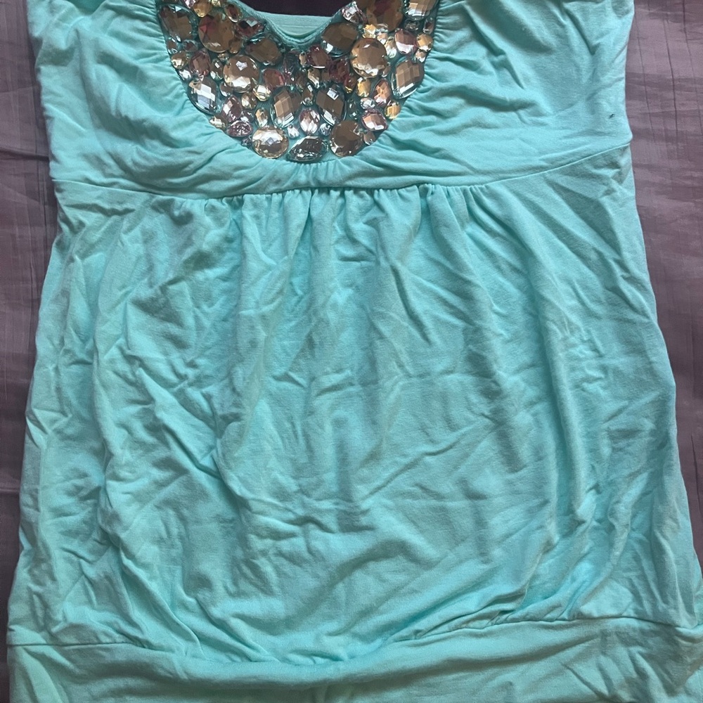 VENUS Turquoise Sleeveless Blouse with Sequin Accent